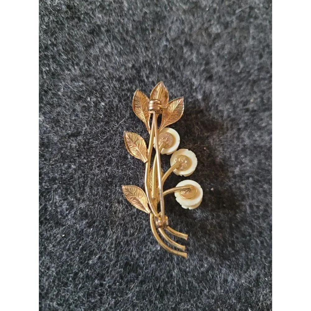 Vintage Brooch Carved Celluloid Rose Flower in Gold Tone